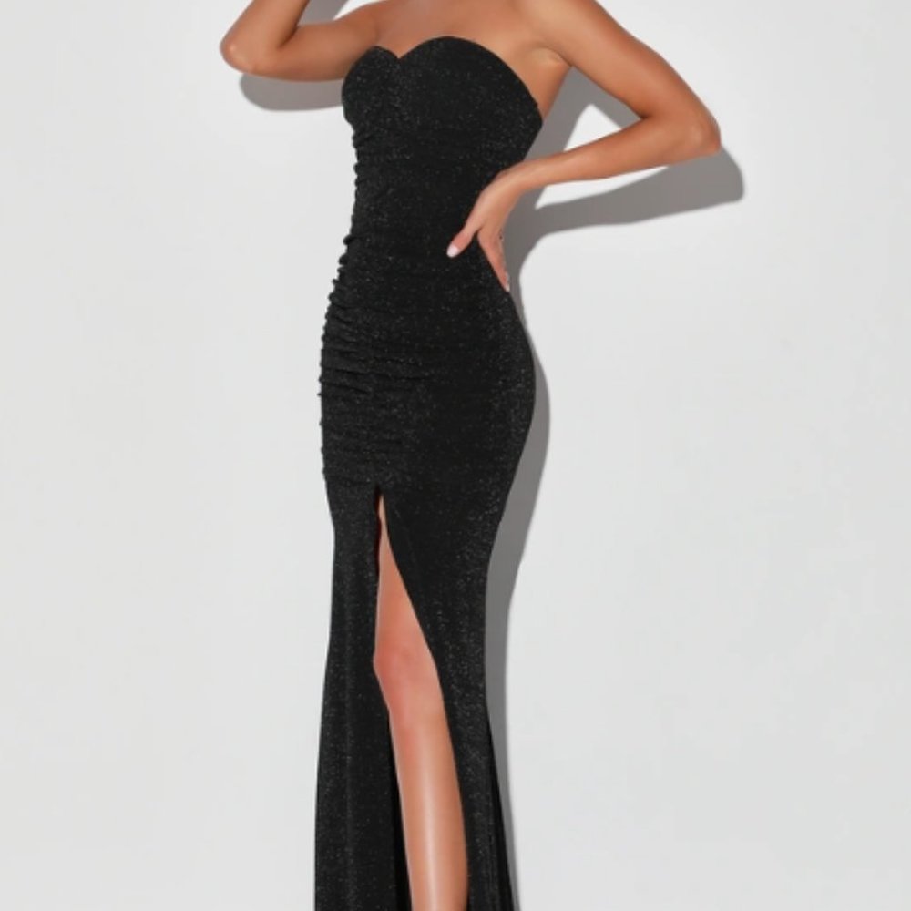 New Lulus When Magic Happens Black Glitter Ruched Strapless Maxi Dress Large